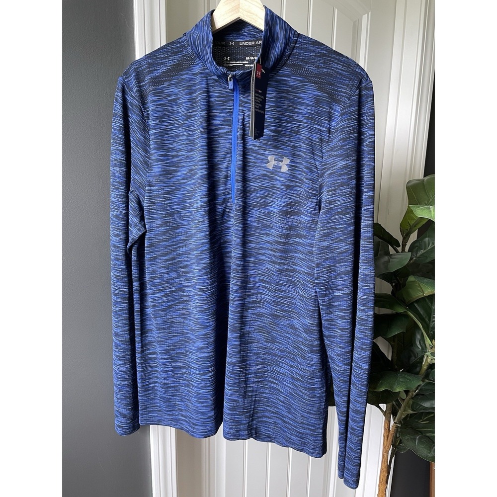 Under Armour HeatGear L Fitted 1/4 Zip Mock Neck L/S Pullover Blue Space Dye NWT